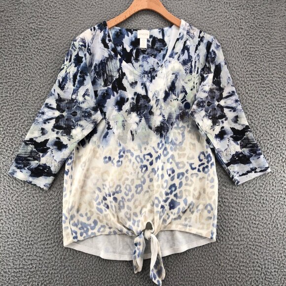 Chicos Sweater Womens 0 US 4  Blue Animal Print Front Tie 3/4 Sleeve Pullover* - Picture 1 of 10